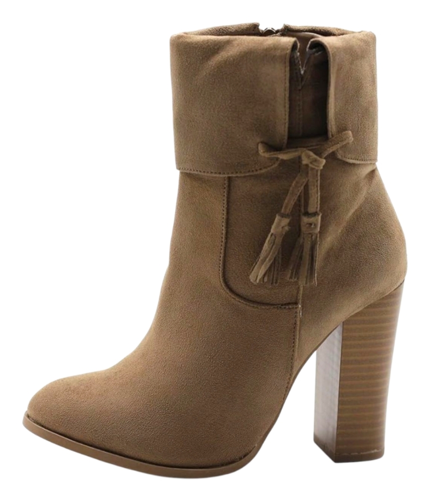 Ollio Women's Faux Suede Zip Up Stacked High Heel Tassel Ankle Boots - Taupe 7.5
